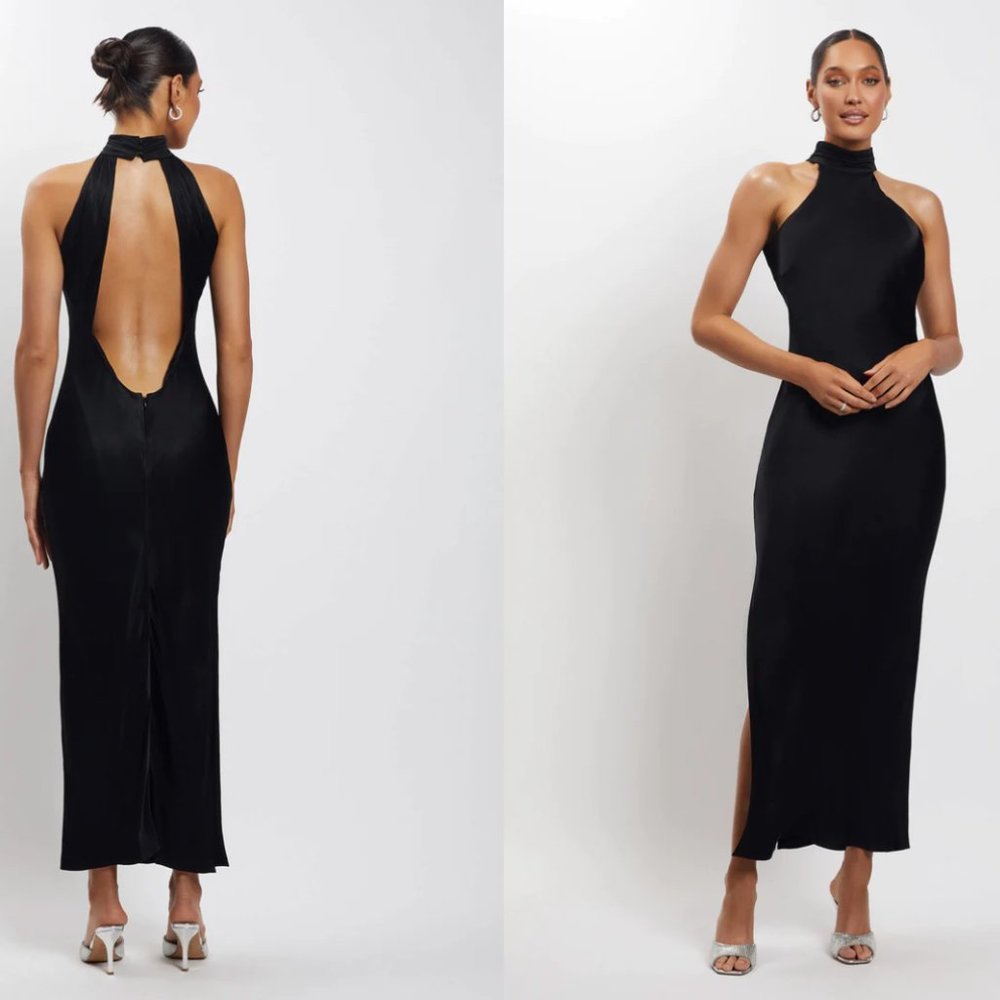Meshki- CLAIRE Satin Drape Back Maxi Dress with Split - Black